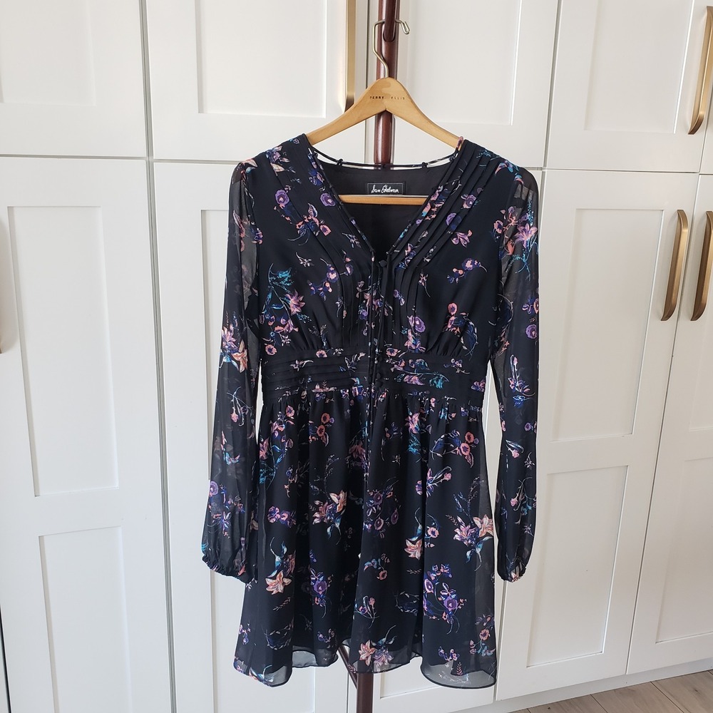 Sam Edelman Dress Womens 2‎ Black Floral Pleated Chiffon Long Sleeve Event